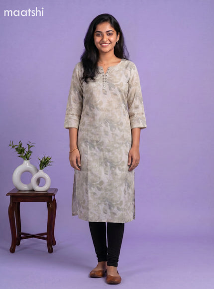 Off White and Grey Linen Cotton Printed & Embroidery Work Straight Kurti