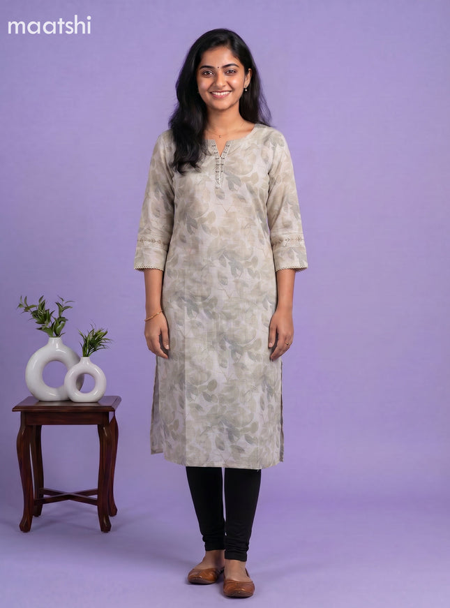Off White and Grey Linen Cotton Printed & Embroidery Work Straight Kurti