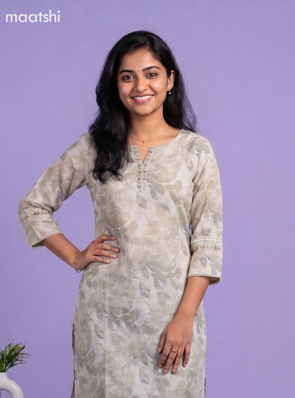 Off White and Grey Linen Cotton Printed & Embroidery Work Straight Kurti