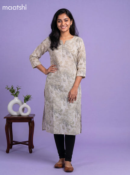 Off White and Grey Linen Cotton Printed & Embroidery Work Straight Kurti