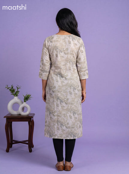 Off White and Grey Linen Cotton Printed & Embroidery Work Straight Kurti