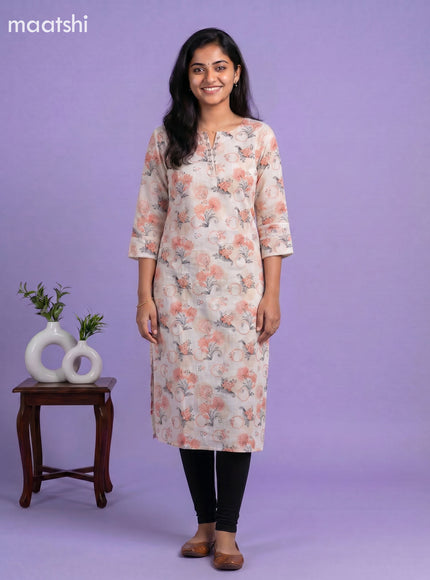 Cream and Orange Linen Cotton Printed & Embroidery Work Straight Kurti