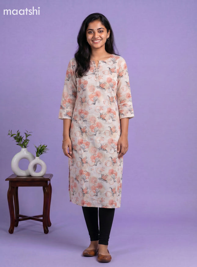 Cream and Orange Linen Cotton Printed & Embroidery Work Straight Kurti