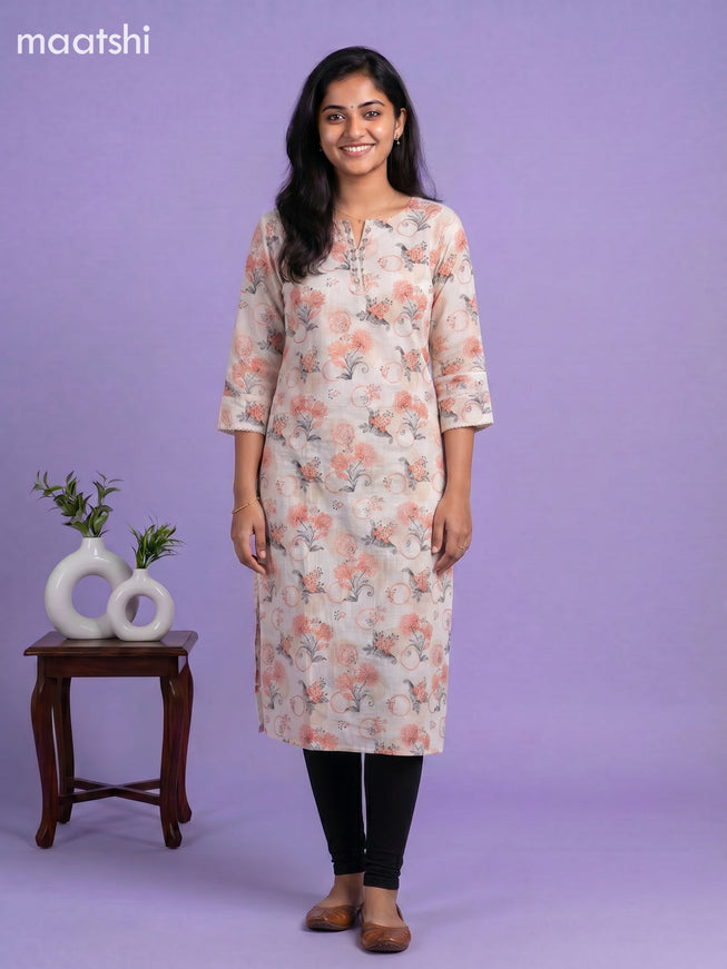 Cream and Orange Linen Cotton Printed & Embroidery Work Straight Kurti