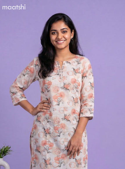 Cream and Orange Linen Cotton Printed & Embroidery Work Straight Kurti