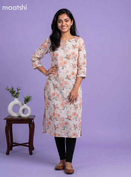 Cream and Orange Linen Cotton Printed & Embroidery Work Straight Kurti
