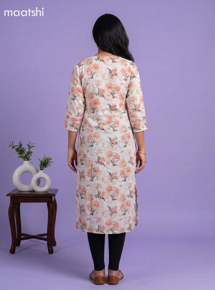 Cream and Orange Linen Cotton Printed & Embroidery Work Straight Kurti