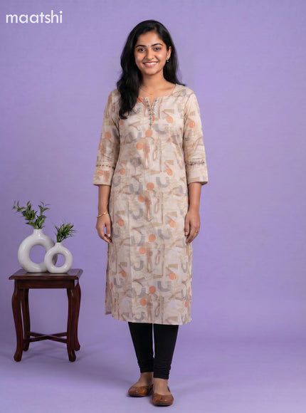 Sandal and Linen Cotton Printed & Embroidery Work Straight Kurti