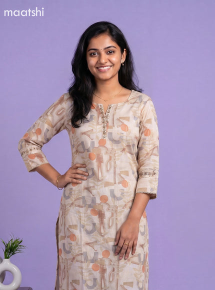 Sandal and Linen Cotton Printed & Embroidery Work Straight Kurti