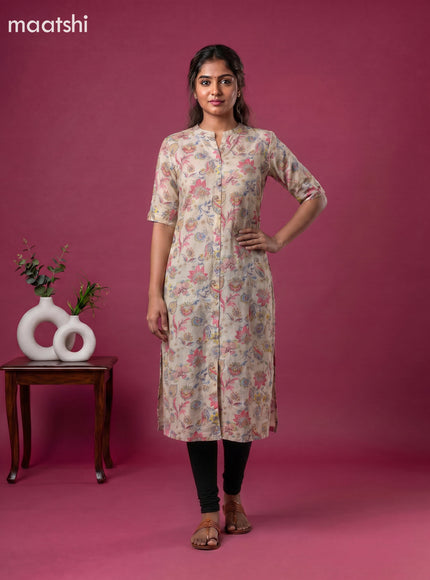 Pale Yellow and Multicolour Linen Cotton Printed Straight Kurti