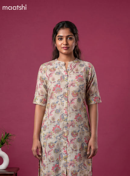 Pale Yellow and Multicolour Linen Cotton Printed Straight Kurti