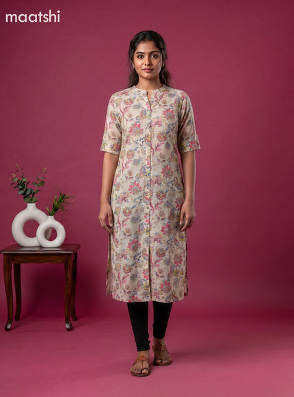 Pale Yellow and Multicolour Linen Cotton Printed Straight Kurti