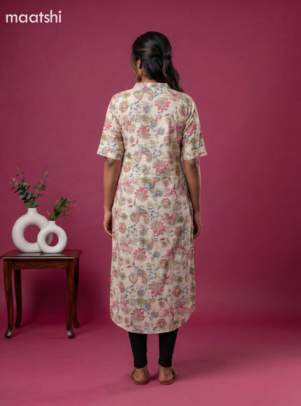 Pale Yellow and Multicolour Linen Cotton Printed Straight Kurti