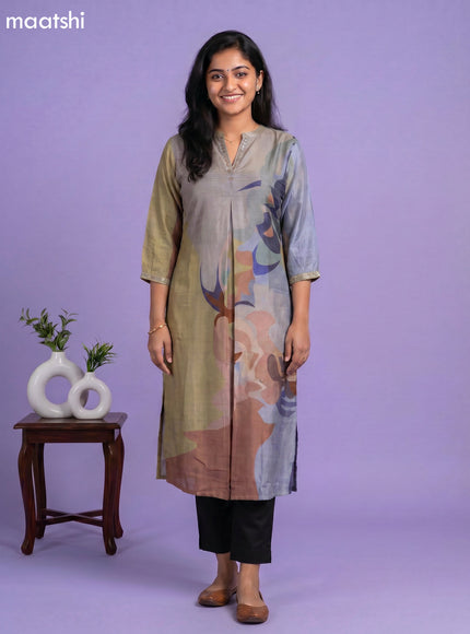 Grey and Multi Colour Art Tussar Embroidery Work Straight Kurti