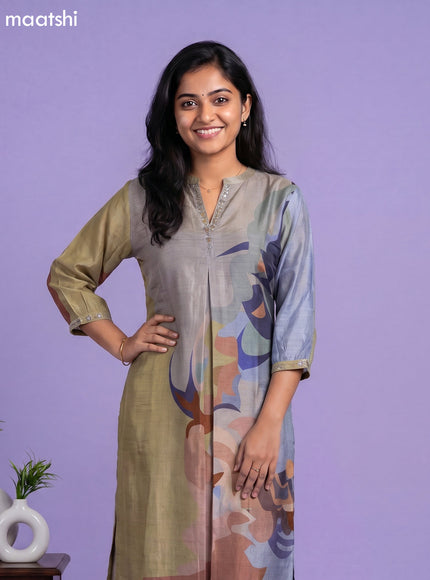 Grey and Multi Colour Art Tussar Embroidery Work Straight Kurti