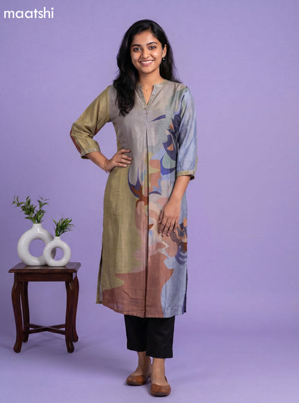 Grey and Multi Colour Art Tussar Embroidery Work Straight Kurti