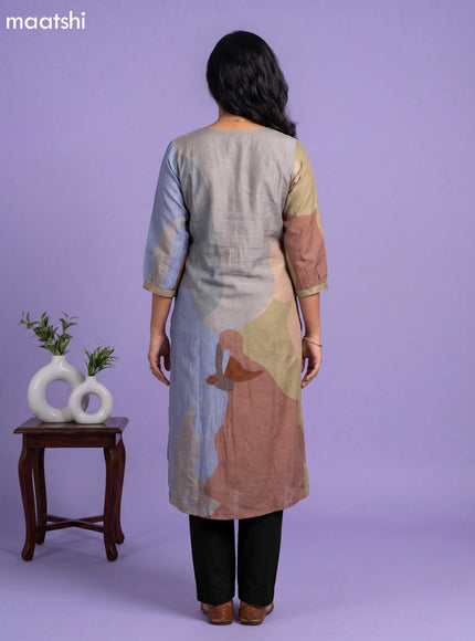 Grey and Multi Colour Art Tussar Embroidery Work Straight Kurti