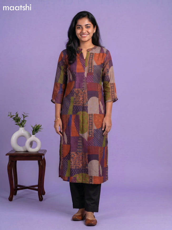 Multi Colour Art Tussar Embroidery Work Straight Kurti