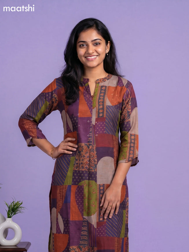 Multi Colour Art Tussar Embroidery Work Straight Kurti