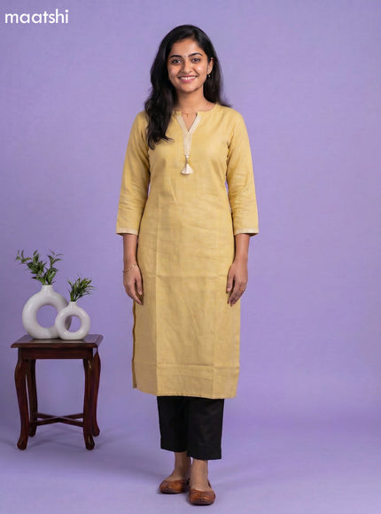 Pale Yellow Linen Cotton Simple Embroidery Work Straight Kurti