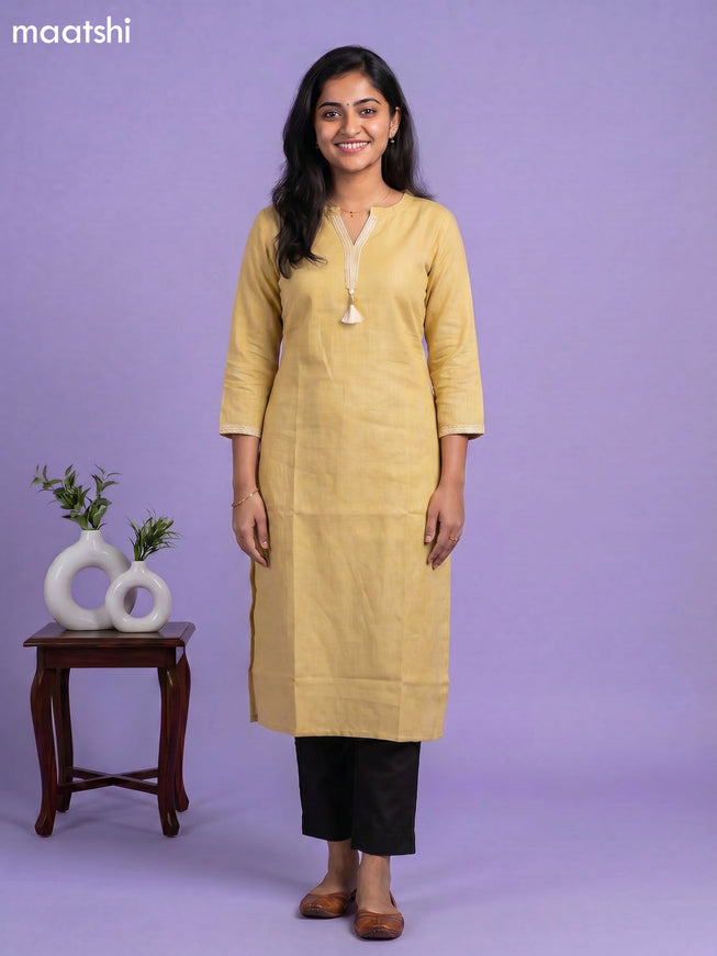 Pale Yellow Linen Cotton Simple Embroidery Work Straight Kurti