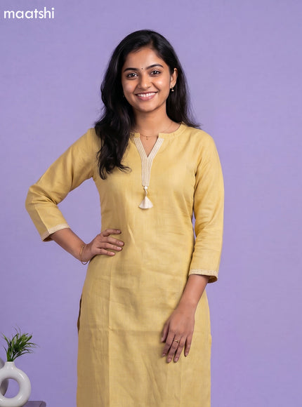 Pale Yellow Linen Cotton Simple Embroidery Work Straight Kurti
