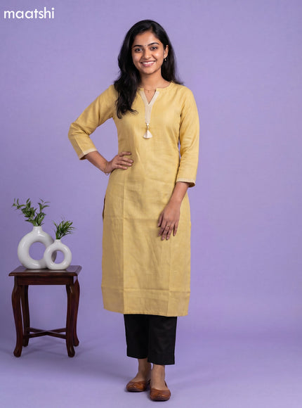 Pale Yellow Linen Cotton Simple Embroidery Work Straight Kurti