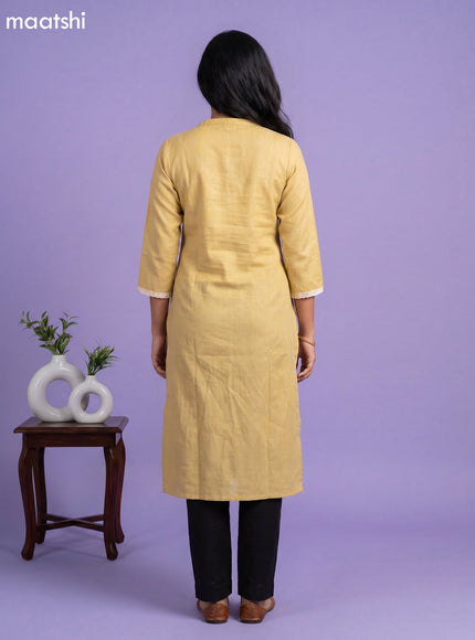 Pale Yellow Linen Cotton Simple Embroidery Work Straight Kurti
