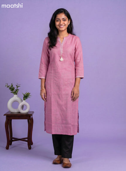 Lotus Pink Linen Cotton Simple Embroidery Work Straight Kurti