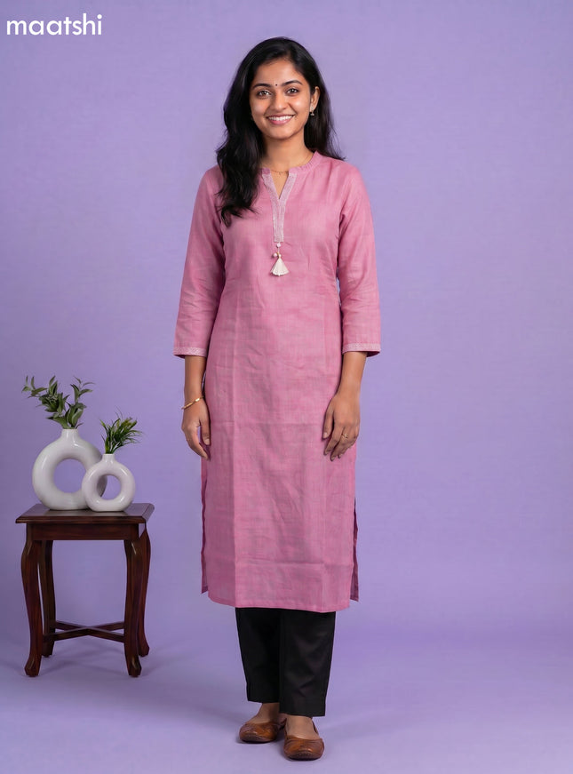 Lotus Pink Linen Cotton Simple Embroidery Work Straight Kurti