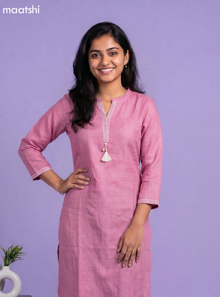 Lotus Pink Linen Cotton Simple Embroidery Work Straight Kurti