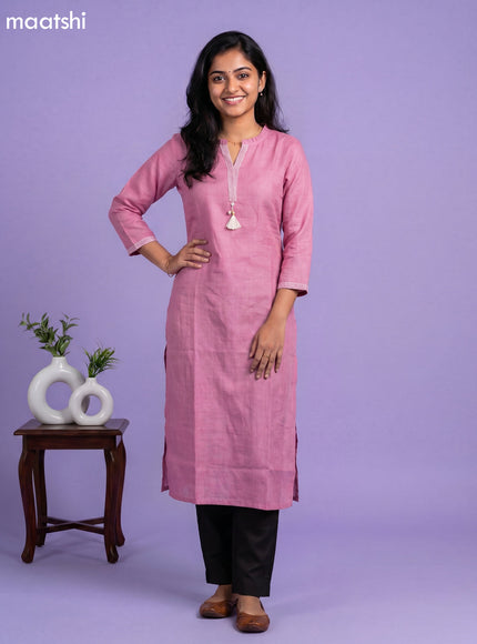 Lotus Pink Linen Cotton Simple Embroidery Work Straight Kurti