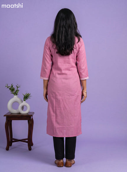 Lotus Pink Linen Cotton Simple Embroidery Work Straight Kurti