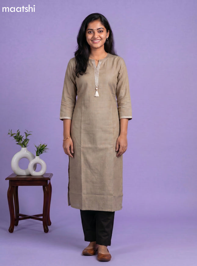 Pastel Green Linen Cotton Simple Embroidery Work Straight Kurti