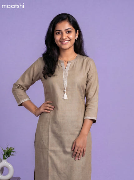 Pastel Green Linen Cotton Simple Embroidery Work Straight Kurti