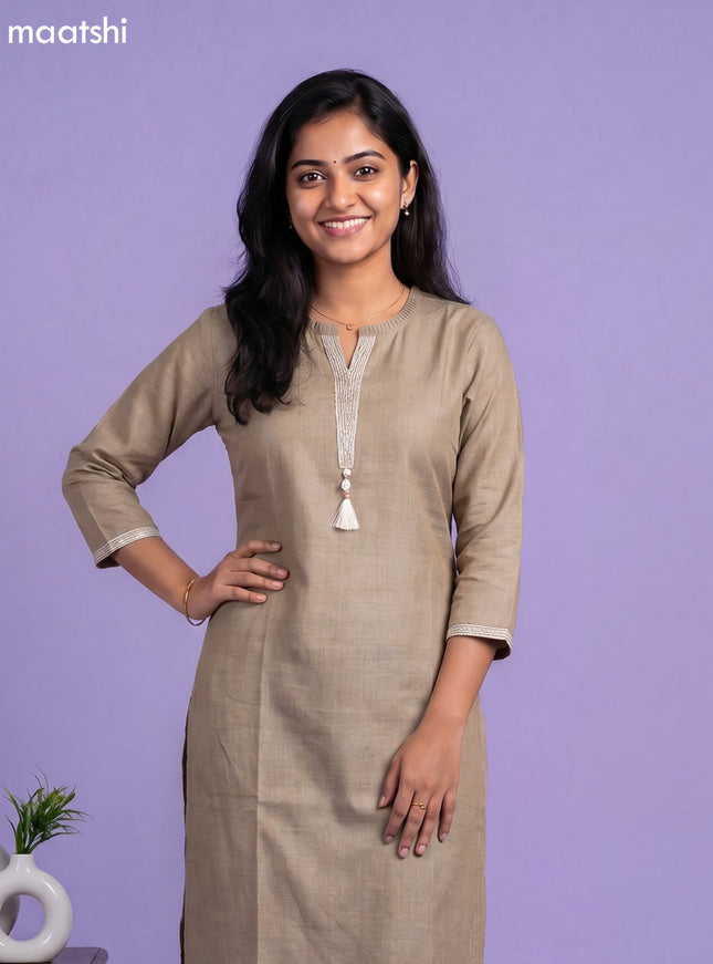 Pastel Green Linen Cotton Simple Embroidery Work Straight Kurti