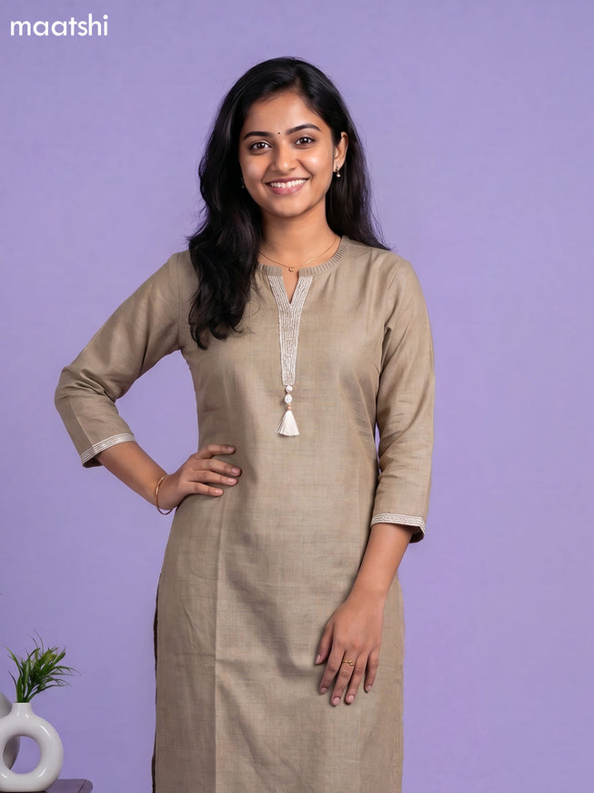 Pastel Green Linen Cotton Simple Embroidery Work Straight Kurti