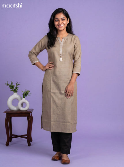 Pastel Green Linen Cotton Simple Embroidery Work Straight Kurti