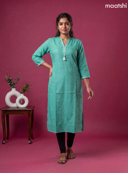 Teal Green Linen Cotton Simple Embroidery Straight Kurti