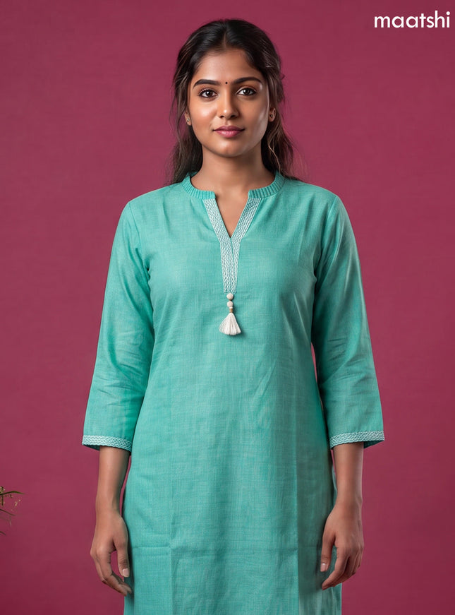 Teal Green Linen Cotton Simple Embroidery Straight Kurti