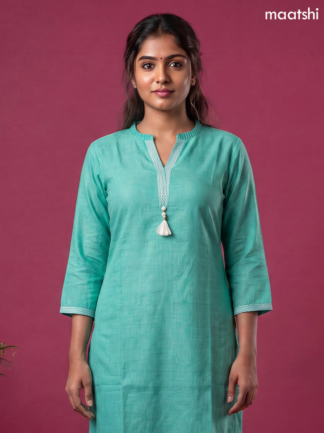 Teal Green Linen Cotton Simple Embroidery Straight Kurti