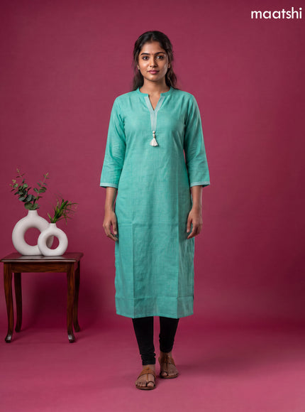 Teal Green Linen Cotton Simple Embroidery Straight Kurti
