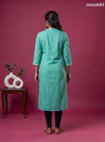 Teal Green Linen Cotton Simple Embroidery Straight Kurti
