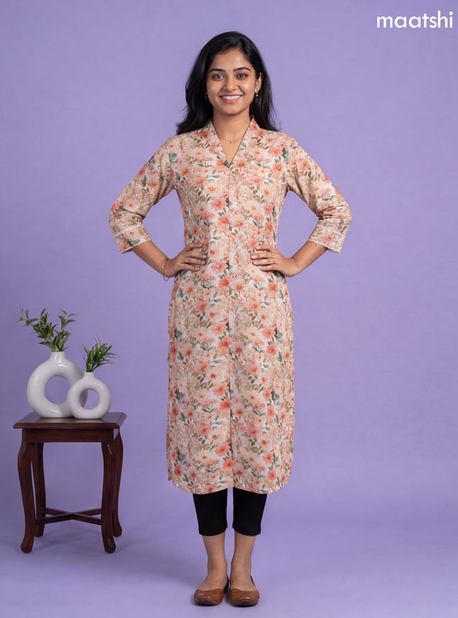 Peach Linen Cotton Printed & Embroidery Work Straight Kurti