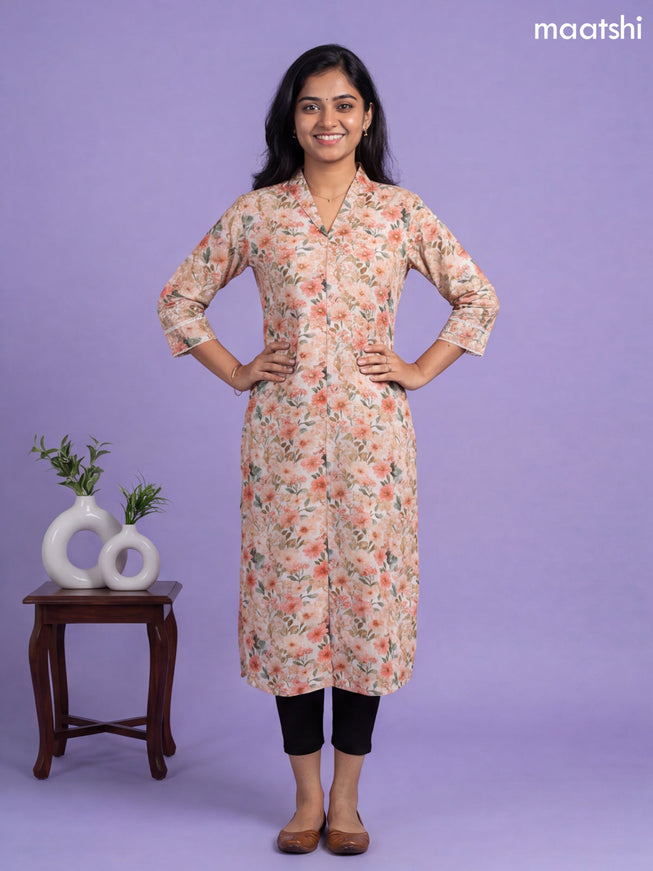 Peach Linen Cotton Printed & Embroidery Work Straight Kurti
