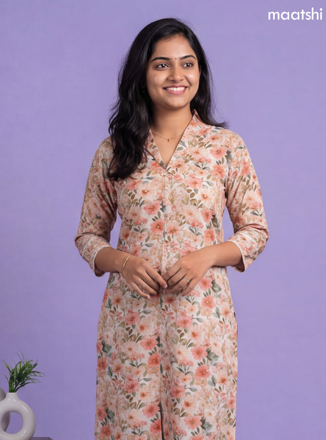 Peach Linen Cotton Printed & Embroidery Work Straight Kurti
