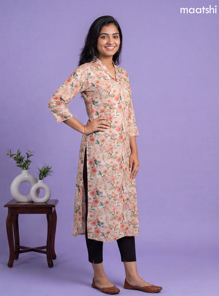 Peach Linen Cotton Printed & Embroidery Work Straight Kurti