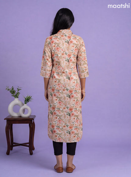 Peach Linen Cotton Printed & Embroidery Work Straight Kurti