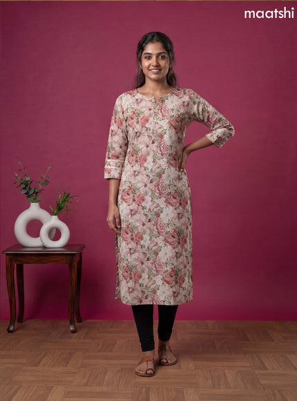 Cream and Multi Colour Linen Cotton Printed & Embroidery Work Straight Kurti