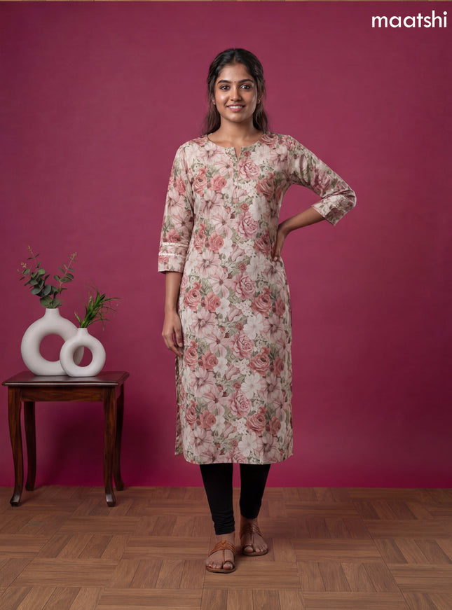 Cream and Multi Colour Linen Cotton Printed & Embroidery Work Straight Kurti